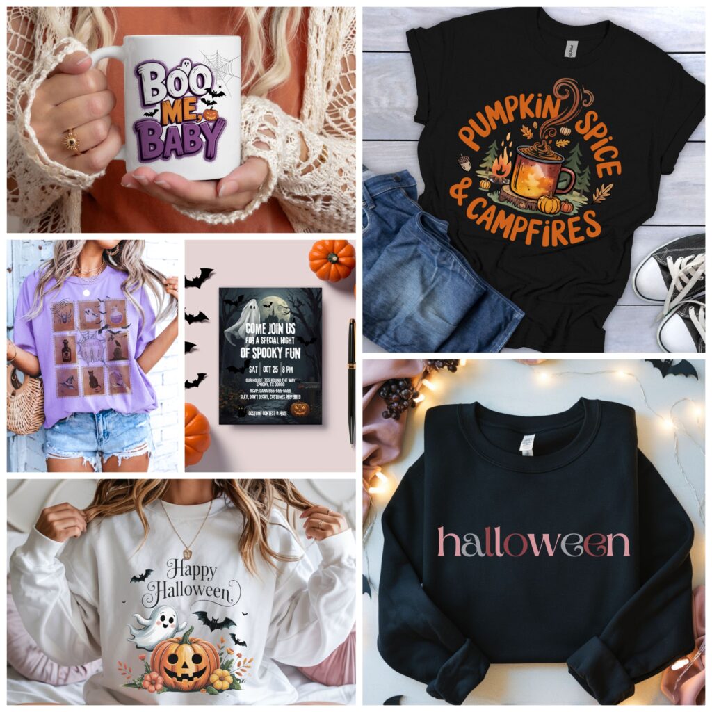Pink Wolf & Co. Halloween collection featuring Hocus Pocus t-shirts, Trick or Tweet sweatshirt, ghost graphic tee, Witches Hollow mug, Hello Pumpkin shirt, and printable Halloween party invitation.