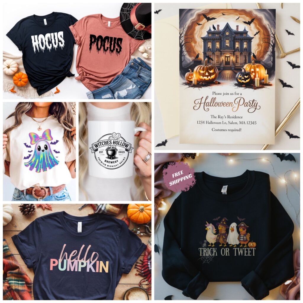 Pink Wolf & Co. spooky season designs including Boo Me Baby mug, Pumpkin Spice & Campfires shirt, vintage Halloween icons tee, Happy Halloween sweatshirt, minimalist Halloween sweatshirt, and digital Halloween party invite.