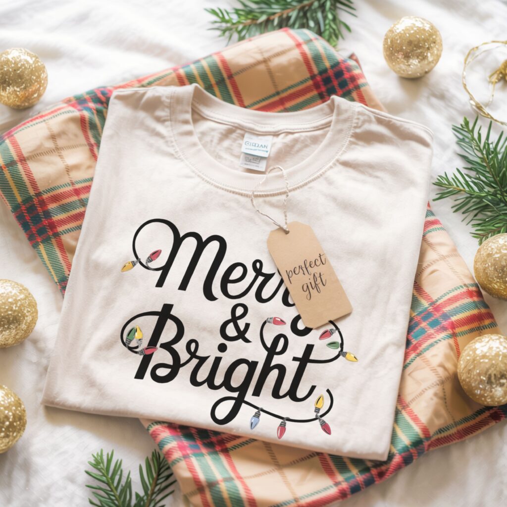 Christmas shirt with Merry And Bright text in black script and colorful holiday lights wrapped around the design, festive flat lay.