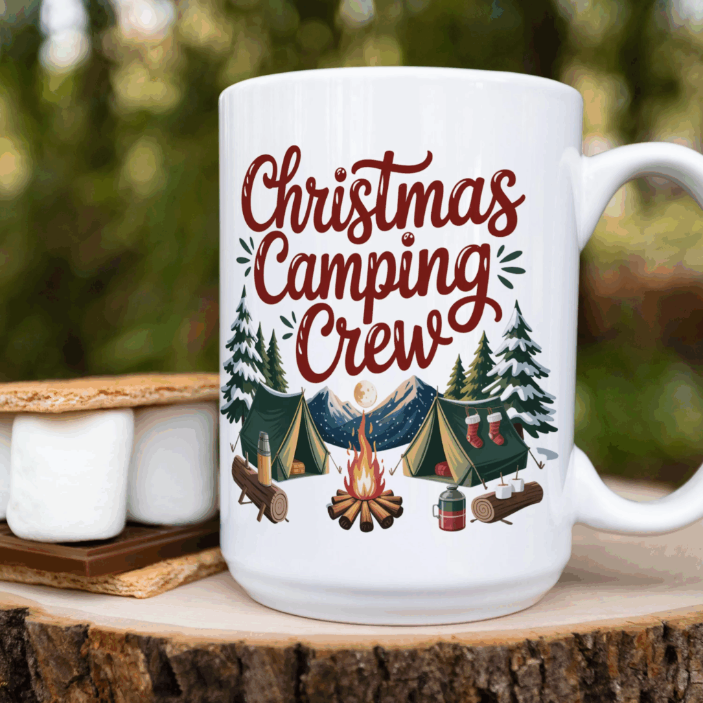 White ceramic mug with Christmas Camping Crew design featuring tents, campfire, trees, and holiday details, held in cozy pink sweater hands.